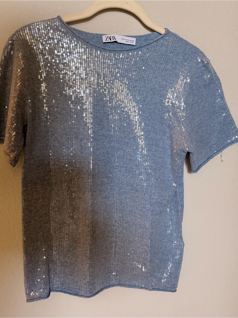 Zara ladies  Light Blue Sequin Short-Sleeve Top